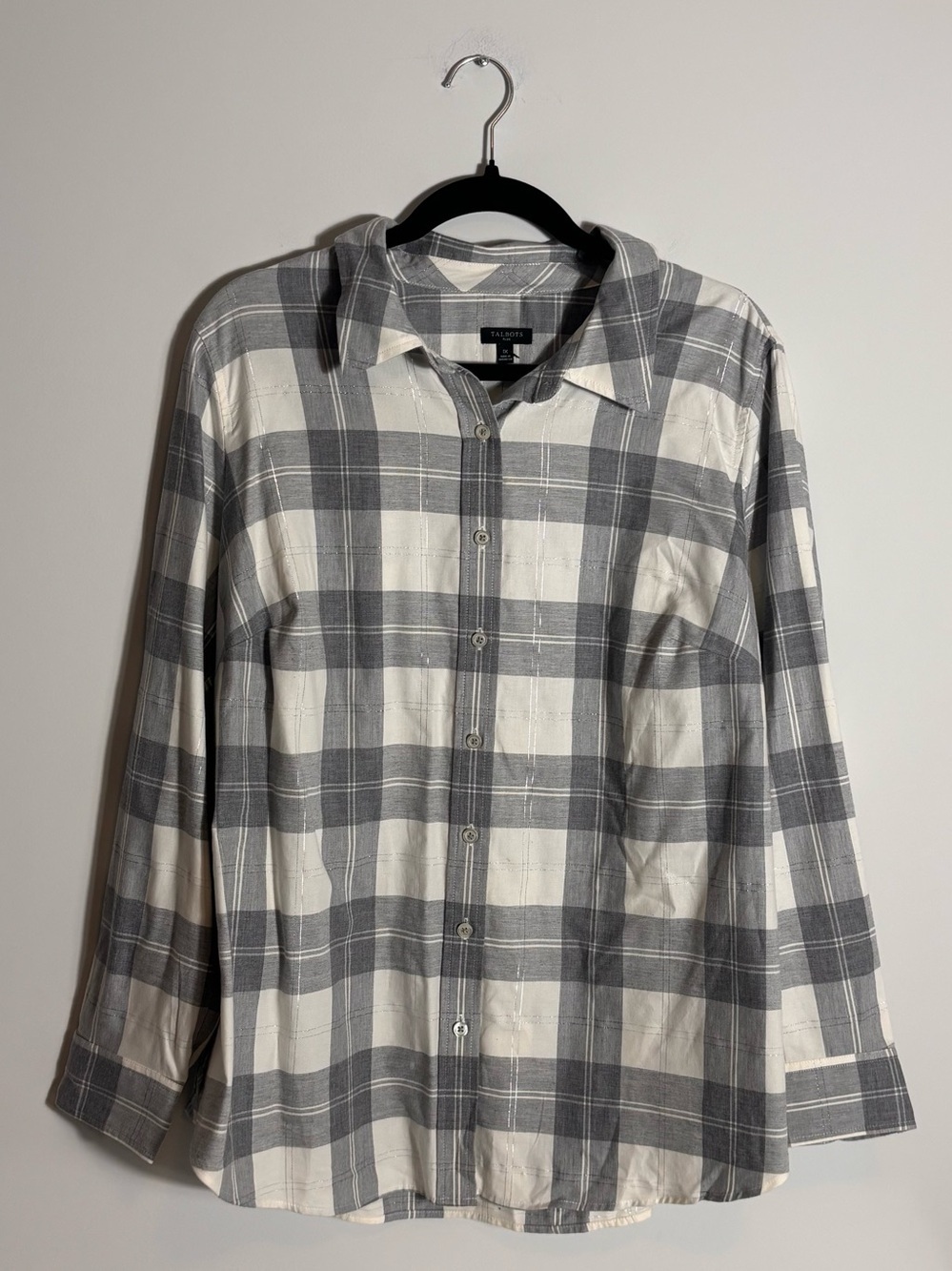 Talbots Gray Plaid Metallic Button Up Blouse Women’s 1X NWT Silver Shimmer Top